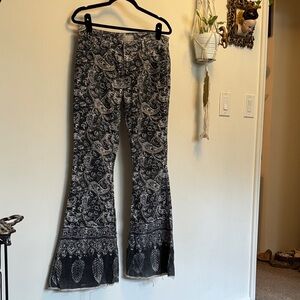 Free People Grey and White Paisley Bell Bottom Corduroy Pants